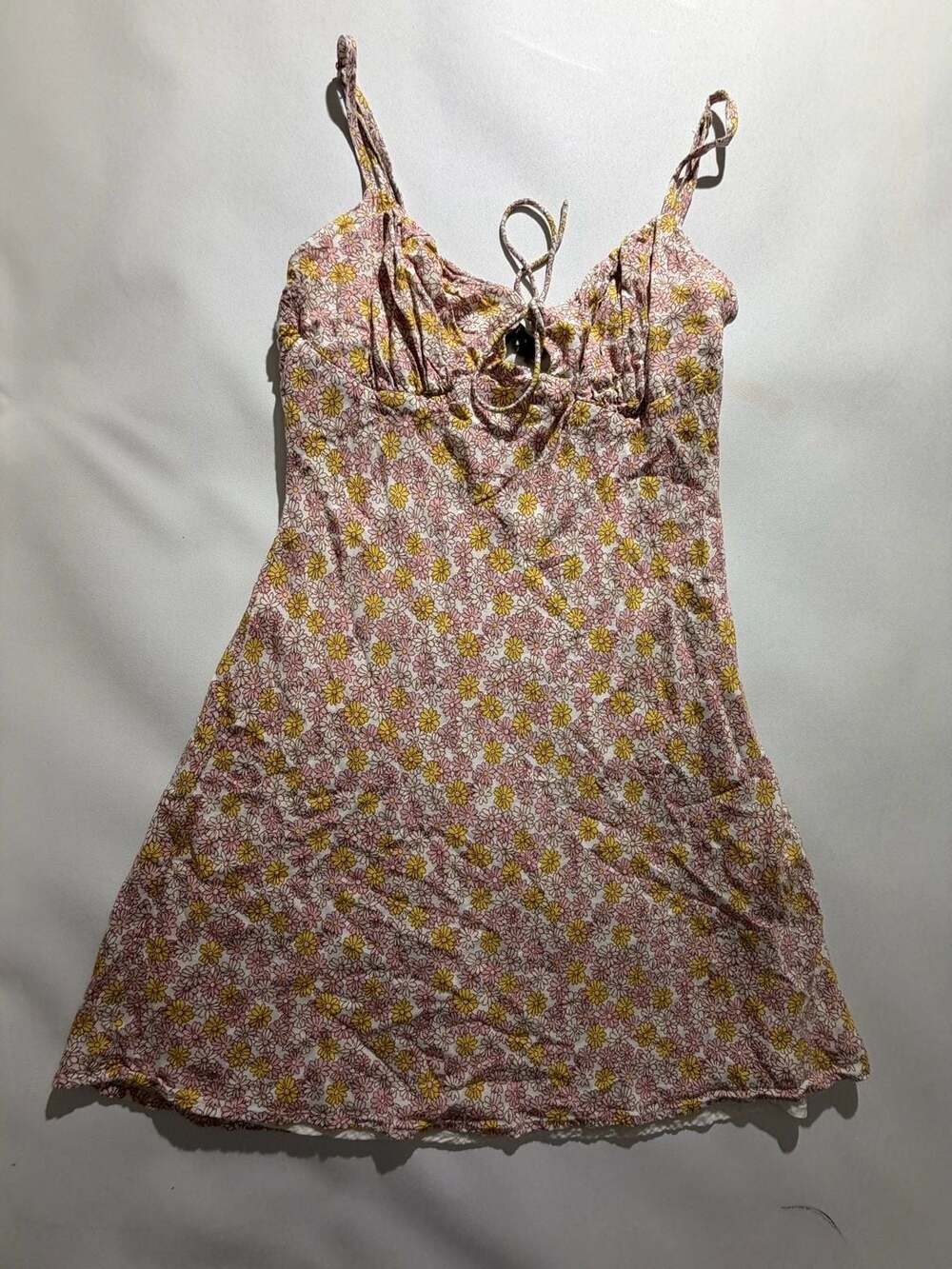 Cotton Candy LA M Pink Yellow Floral Lace Up Dress Cottagecore Boho Y2K